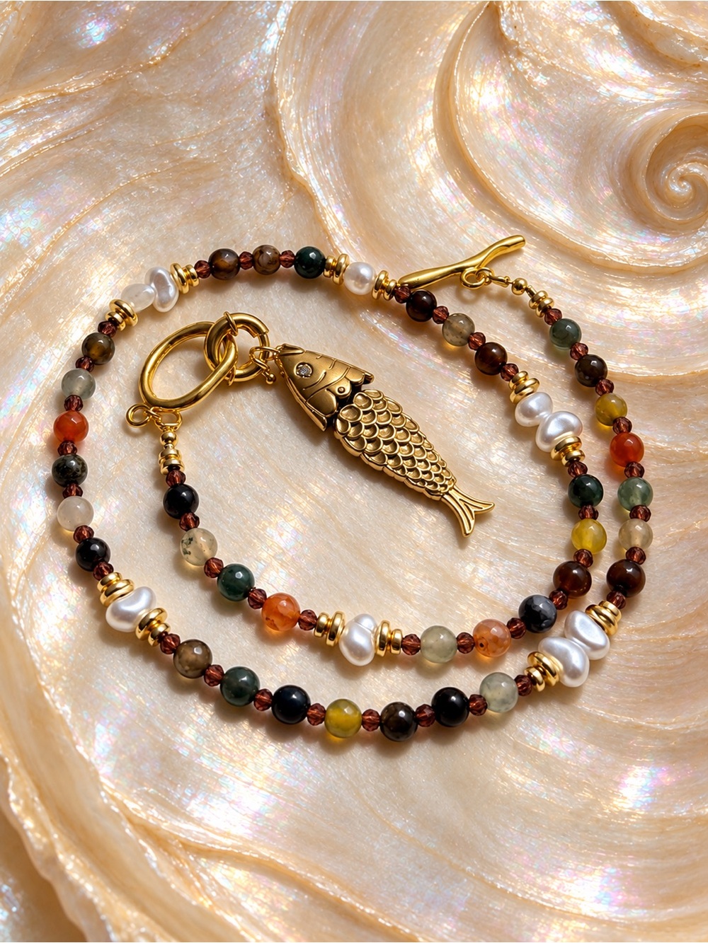 18k Gold Plated Fish Pendant Multicolor Beaded Women's Necklace